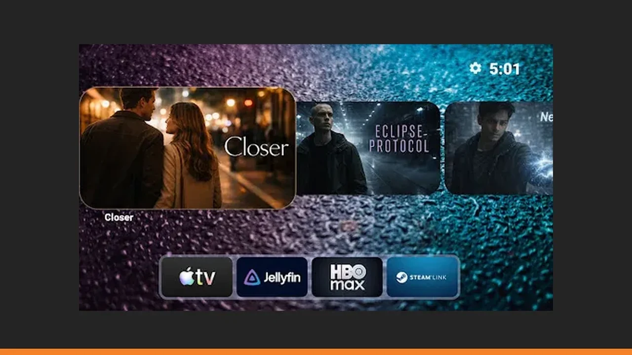 Projectivy Launcher channel rows organized into categories on a TV home screen