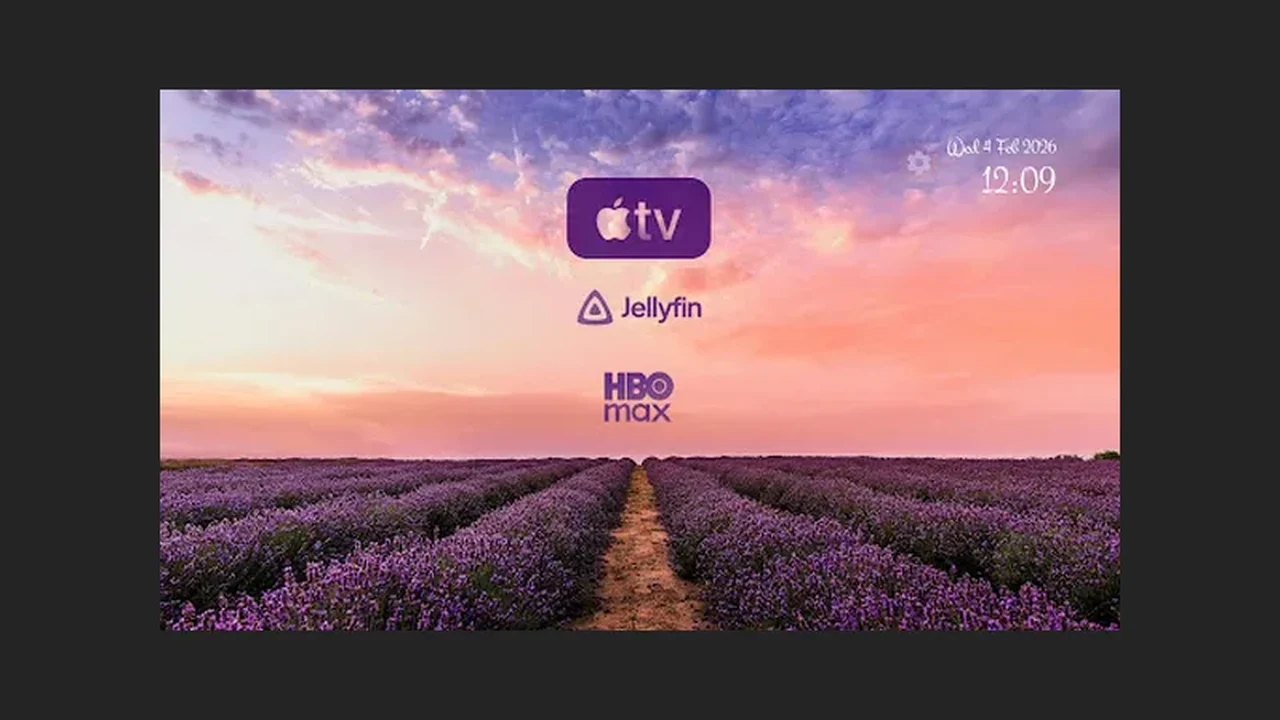 Projectivy Launcher custom categories over a lavender field wallpaper