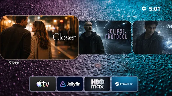 Projectivy Launcher TV home screen with channel rows and app shortcuts