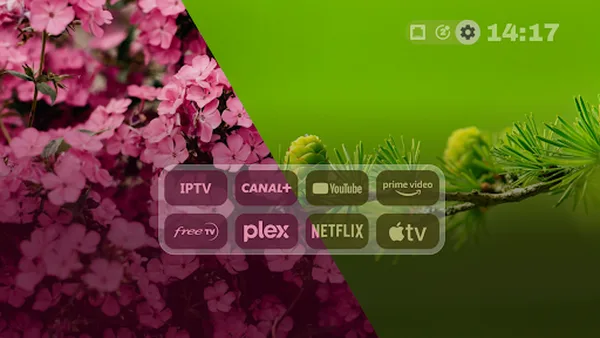 Projectivy Launcher split wallpaper with a grouped app tray on a TV